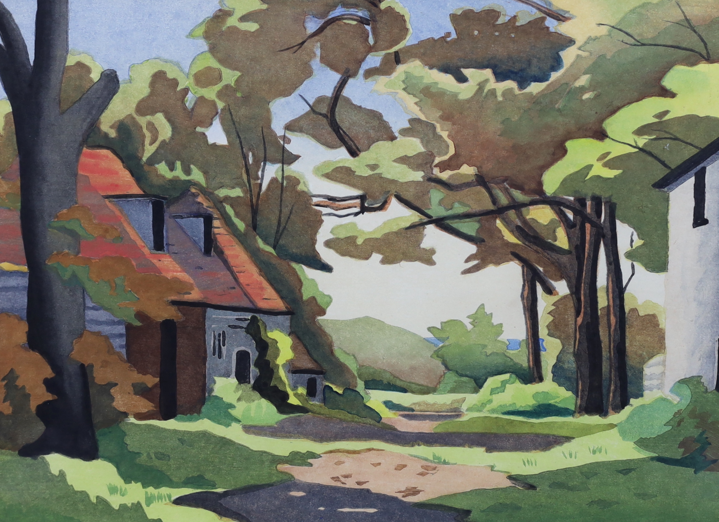 Eric Slater (British, 1896-1963), 'A Sussex farm-stead', colour woodcut, 25.5 x 35cm